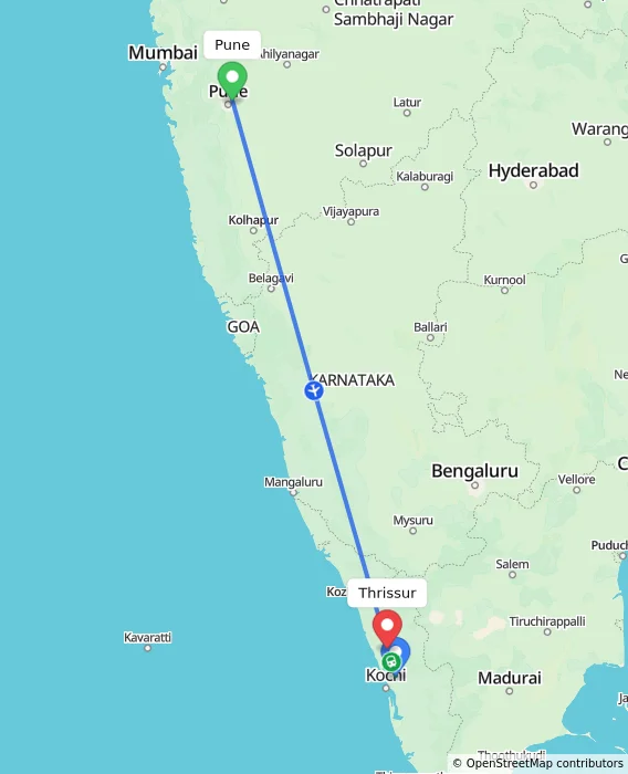 Route map showing distance and travel time from Pune, India to Thrissur, India