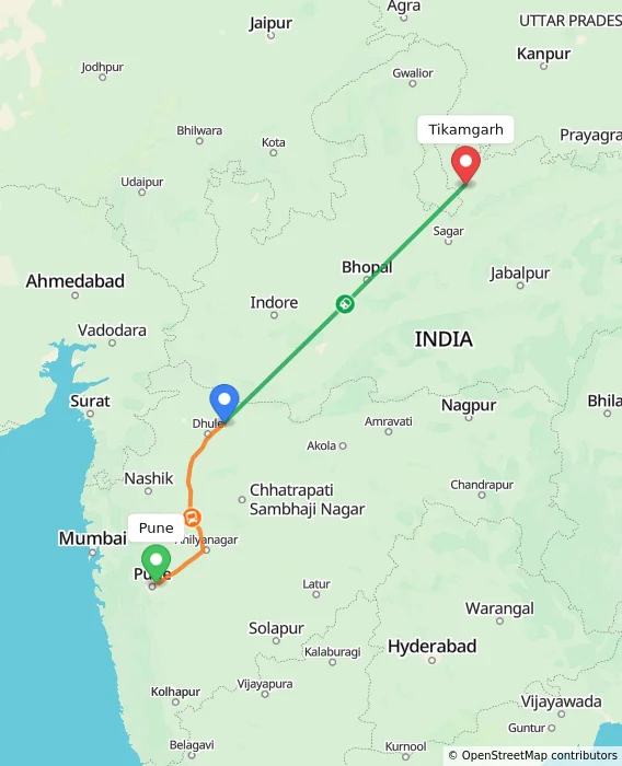 Route map showing distance and travel time from Pune, India to Tikamgarh, India