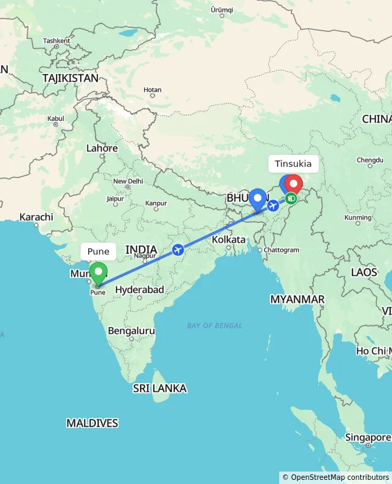 Route map showing distance and travel time from Pune, India to Tinsukia, India