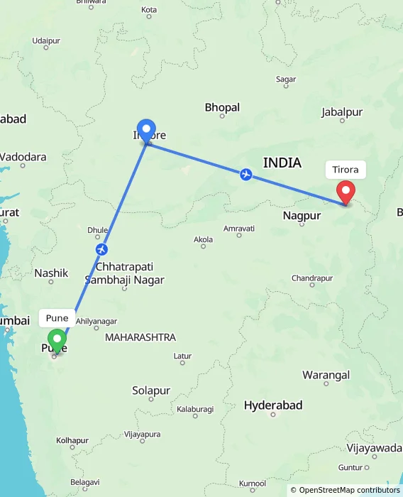 Route map showing distance and travel time from Pune, India to Tirora, India