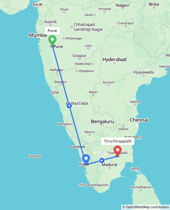 Route map showing distance and travel time from Pune, India to Tiruchirappalli, India