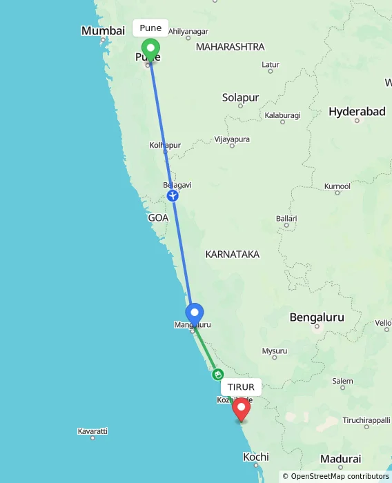 Route map showing distance and travel time from Pune, India to TIRUR, India