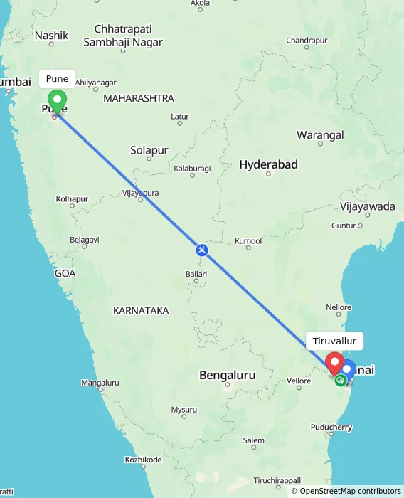 Route map showing distance and travel time from Pune, India to Tiruvallur, India