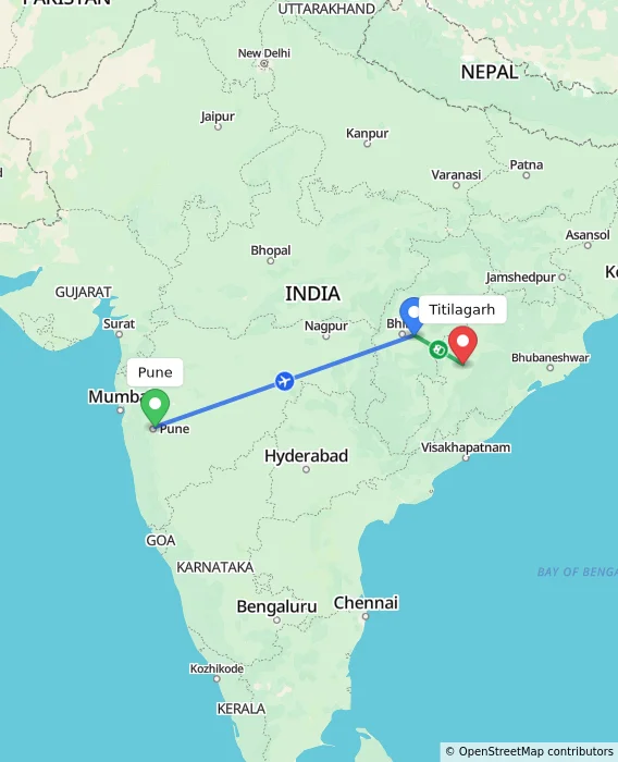 Route map showing distance and travel time from Pune, India to Titilagarh, India