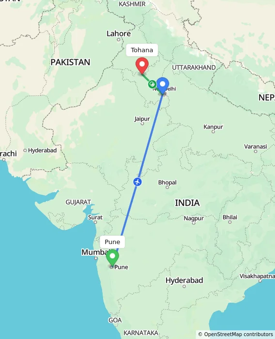 Route map showing distance and travel time from Pune, India to Tohana, India