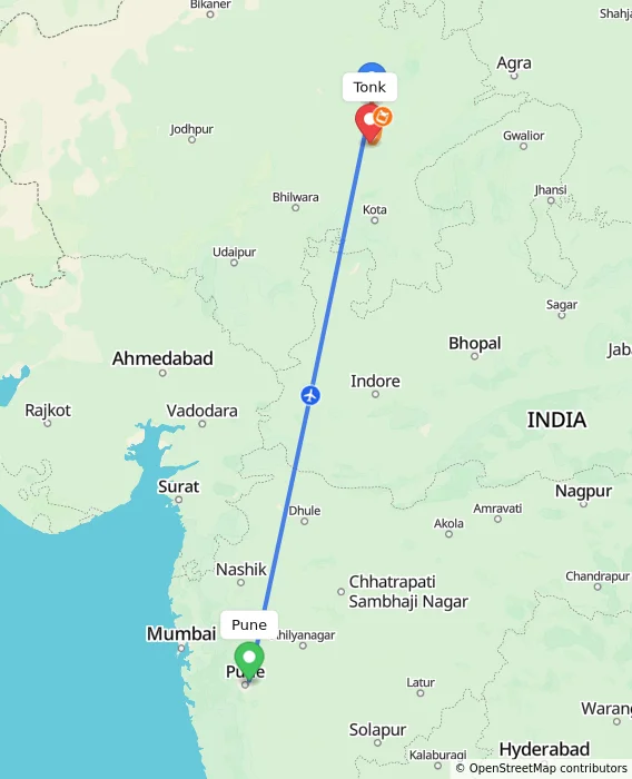 Route map showing distance and travel time from Pune, India to Tonk, India