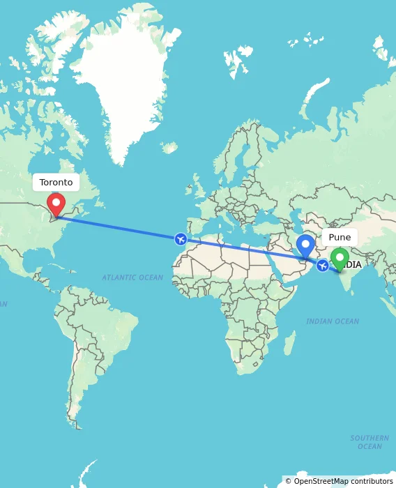 Route map showing distance and travel time from Pune, India to Toronto, Canada