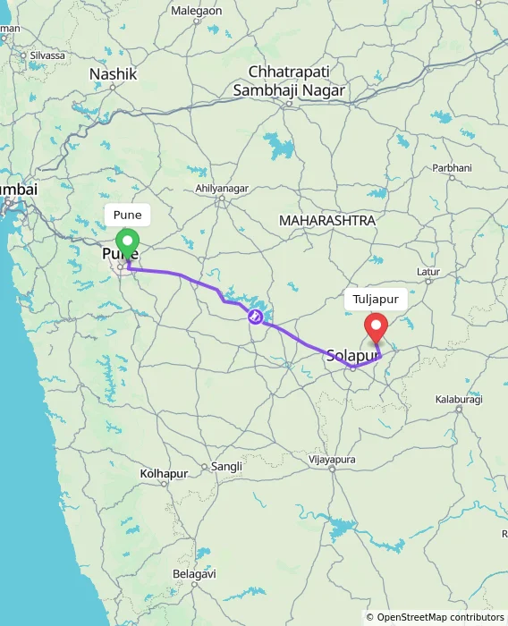 Route map showing distance and travel time from Pune, India to Tuljapur, India