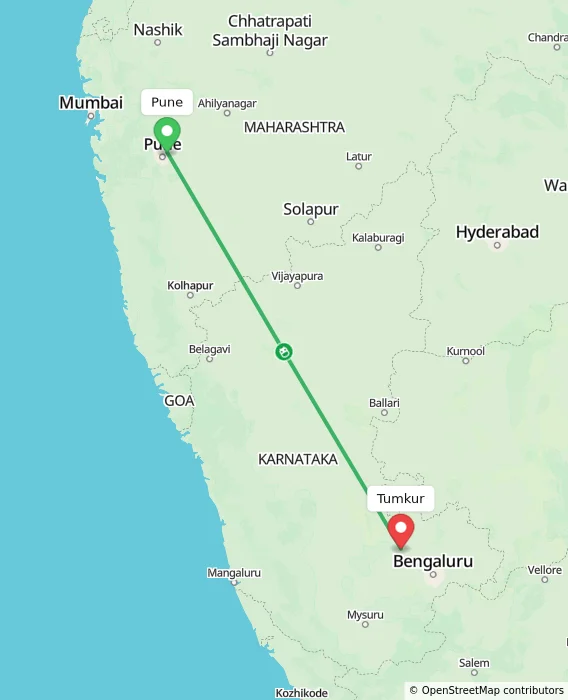 Route map showing distance and travel time from Pune, India to Tumkur, India