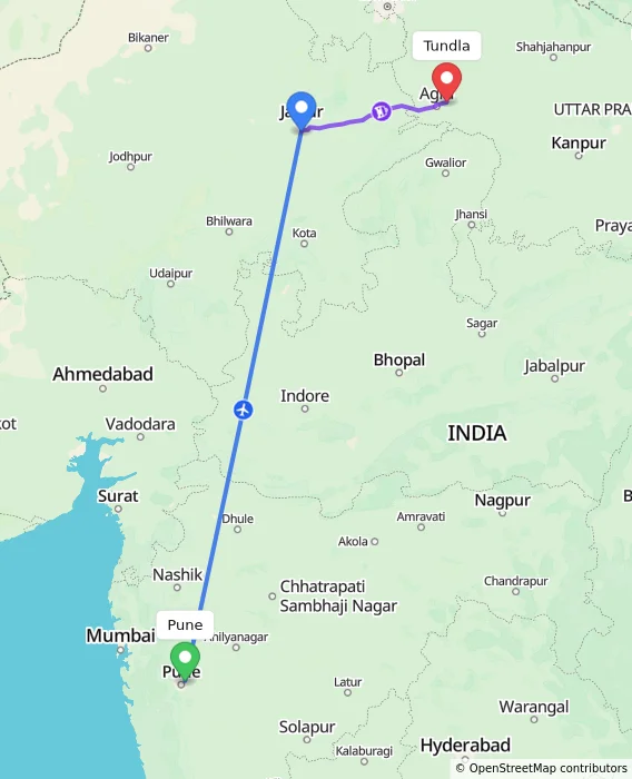 Route map showing distance and travel time from Pune, India to Tundla, India