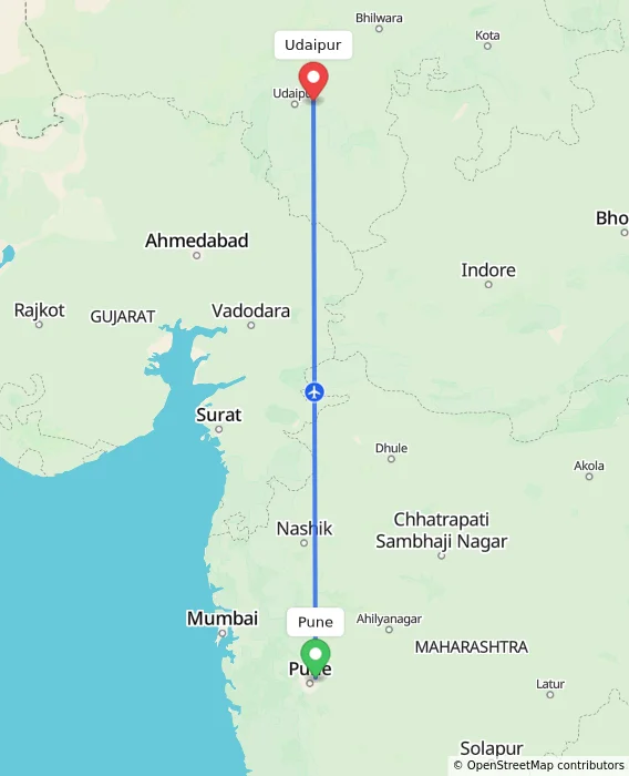 Route map showing distance and travel time from Pune, India to Udaipur, India