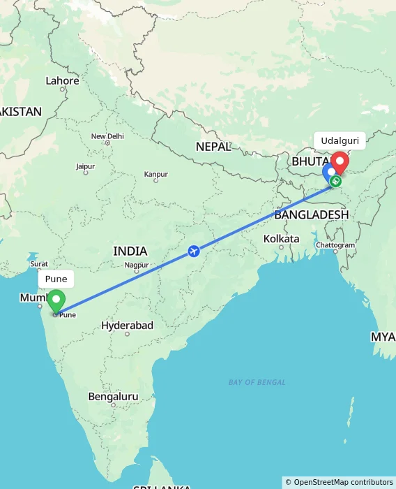 Route map showing distance and travel time from Pune, India to Udalguri, India