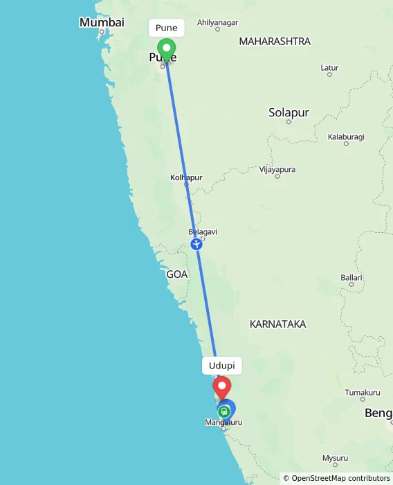 Route map showing distance and travel time from Pune, India to Udupi, India