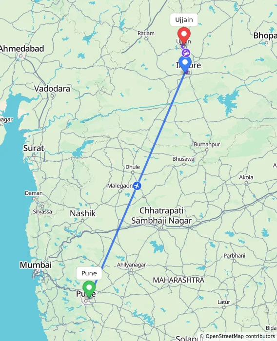 Route map showing distance and travel time from Pune, India to Ujjain, India
