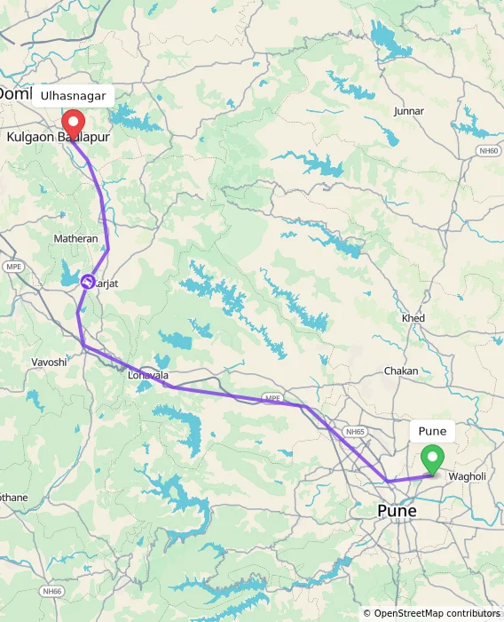 Route map showing distance and travel time from Pune, India to Ulhasnagar, India