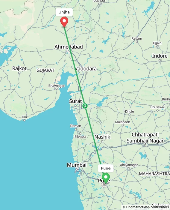 Route map showing distance and travel time from Pune, India to Unjha, India