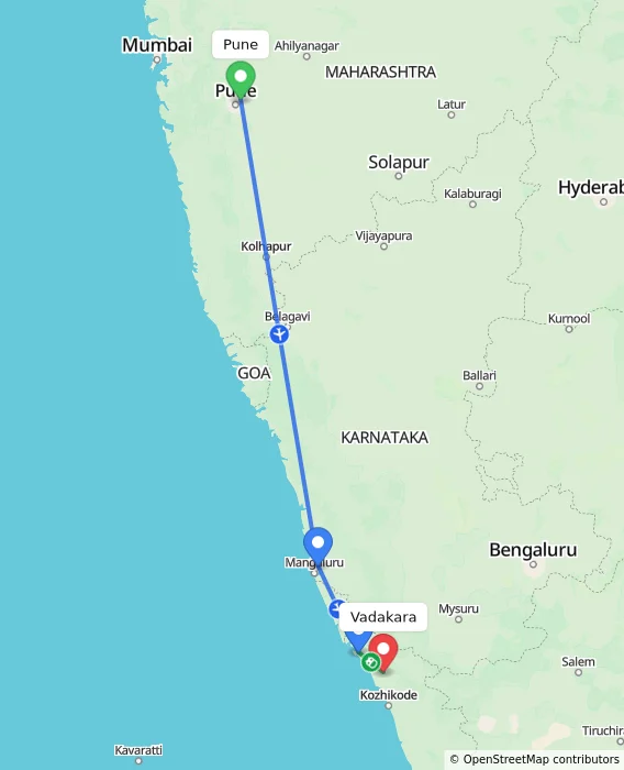 Route map showing distance and travel time from Pune, India to Vadakara, India