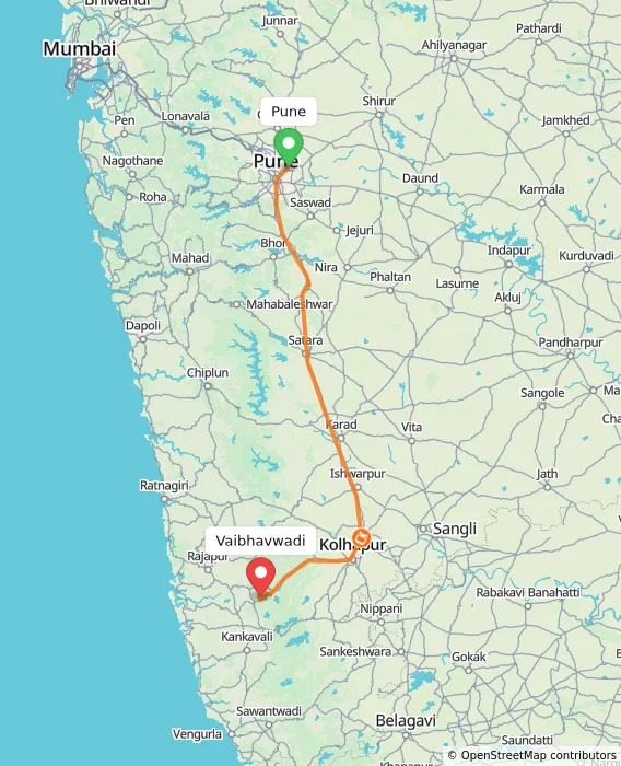 Route map showing distance and travel time from Pune, India to Vaibhavwadi, India