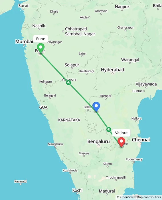 Route map showing distance and travel time from Pune, India to Vellore, India