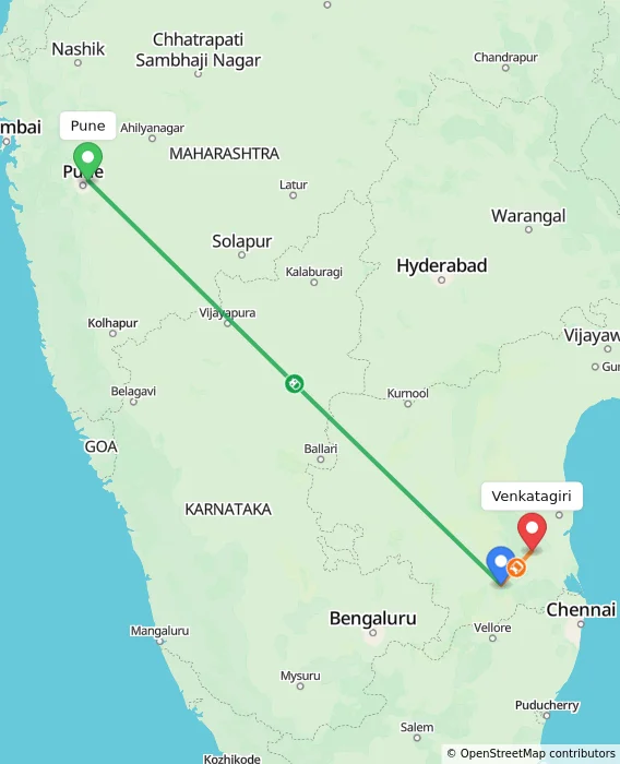 Route map showing distance and travel time from Pune, India to Venkatagiri, India