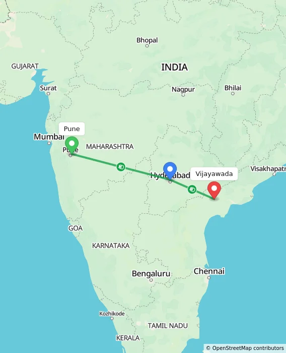 Route map showing distance and travel time from Pune, India to Vijayawada, India