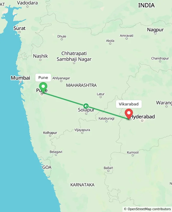 Route map showing distance and travel time from Pune, India to Vikarabad, India