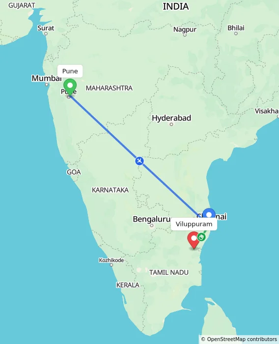 Route map showing distance and travel time from Pune, India to Viluppuram, India