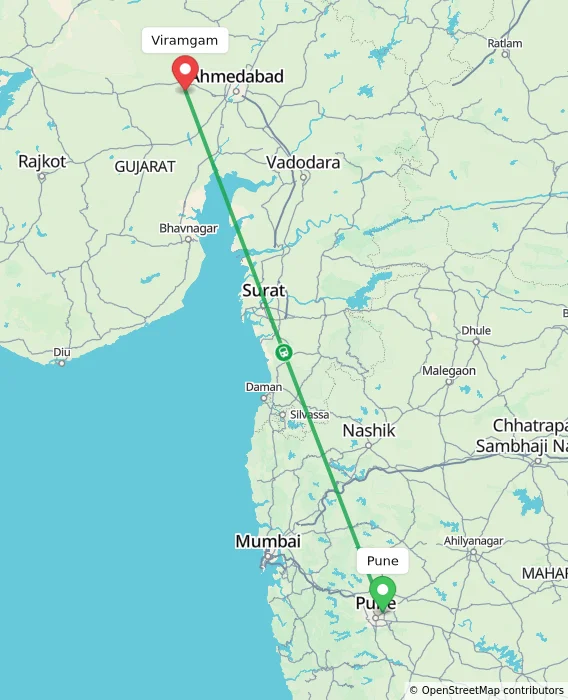 Route map showing distance and travel time from Pune, India to Viramgam, India