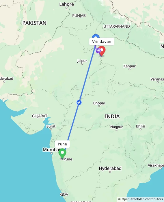 Route map showing distance and travel time from Pune, India to Vrindavan, India