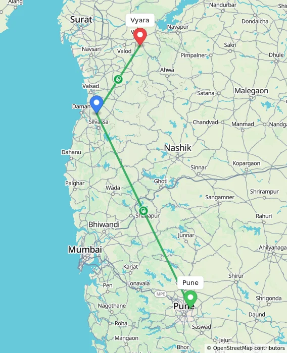 Route map showing distance and travel time from Pune, India to Vyara, India