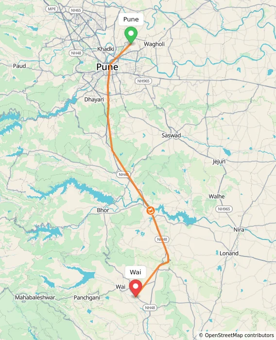 Route map showing distance and travel time from Pune, India to Wai, India