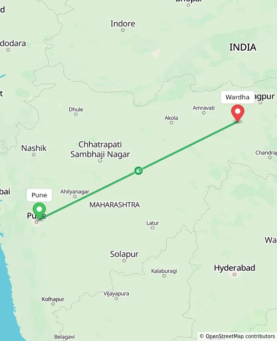 Route map showing distance and travel time from Pune, India to Wardha, India