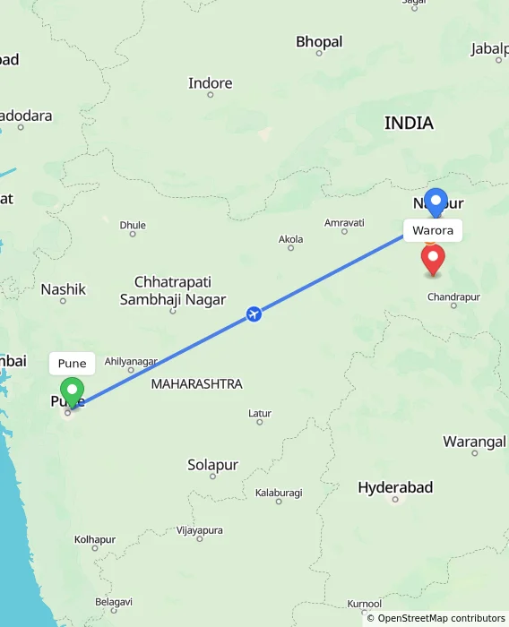 Route map showing distance and travel time from Pune, India to Warora, India