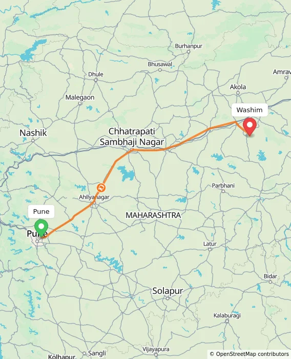 Route map showing distance and travel time from Pune, India to Washim, India