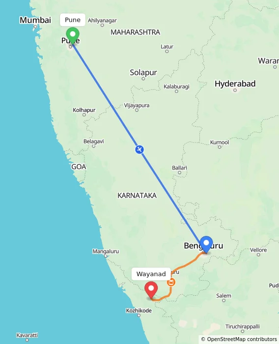 Route map showing distance and travel time from Pune, India to Wayanad, India
