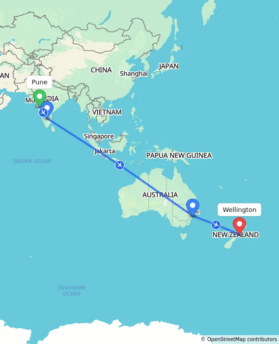 Route map showing distance and travel time from Pune, India to Wellington, New Zealand