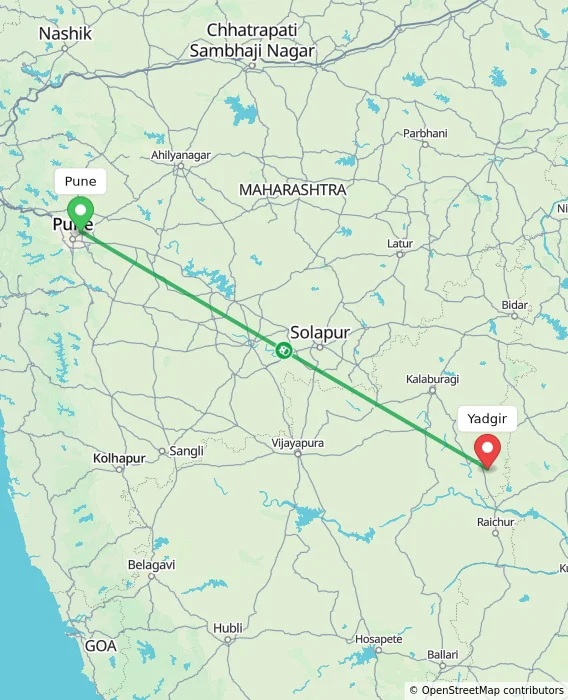 Route map showing distance and travel time from Pune, India to Yadgir, India
