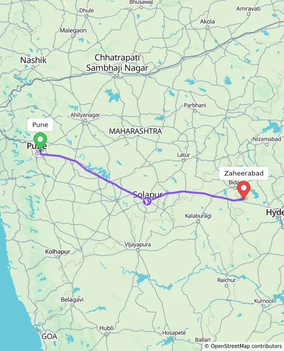 Route map showing distance and travel time from Pune, India to Zaheerabad, India