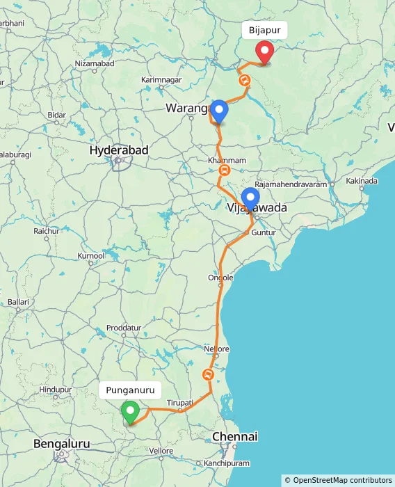Route map showing distance and travel time from Punganuru, India to Bijapur, India