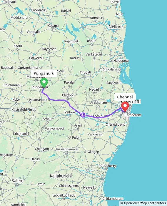 Route map showing distance and travel time from Punganuru, India to Chennai, India