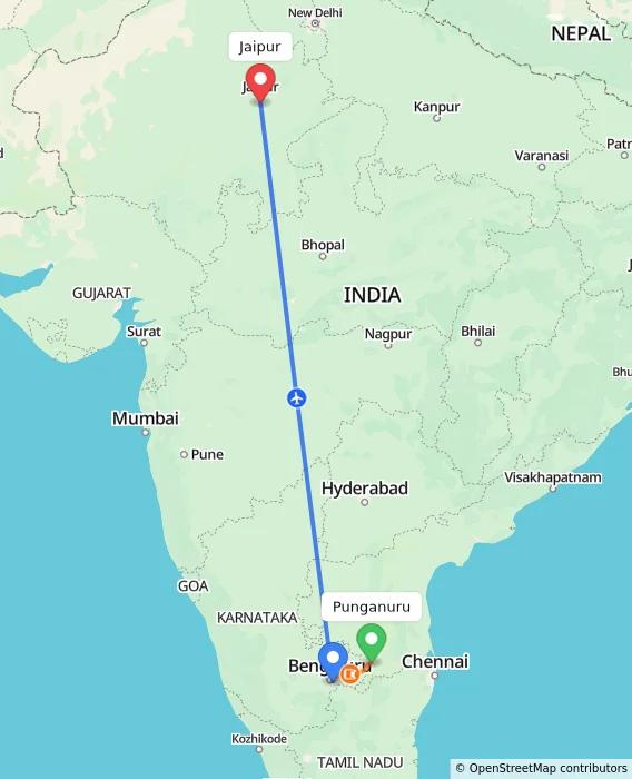 Route map showing distance and travel time from Punganuru, India to Jaipur, India