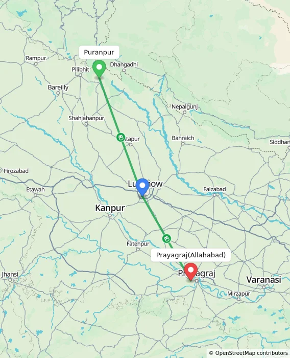 Route map showing distance and travel time from Puranpur, India to Allahabad, India