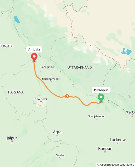 Route map showing distance and travel time from Puranpur, India to Ambala, India