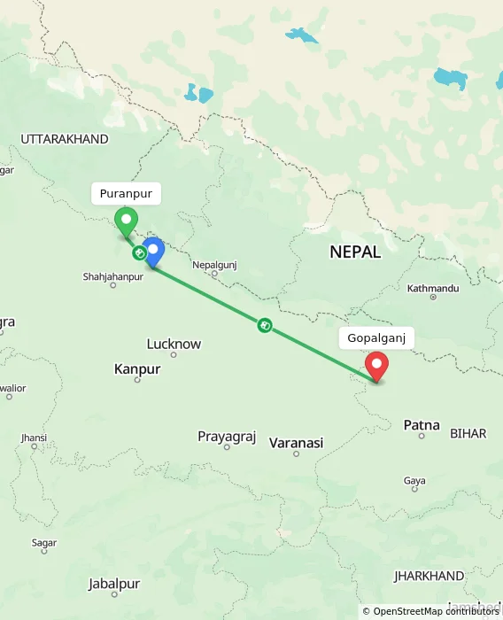 Route map showing distance and travel time from Puranpur, India to Gopalganj, India