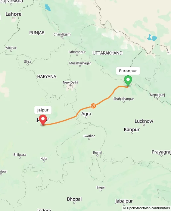 Route map showing distance and travel time from Puranpur, India to Jaipur, India