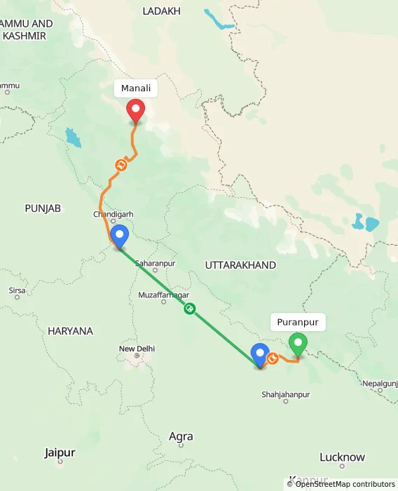 Route map showing distance and travel time from Puranpur, India to Manali, India