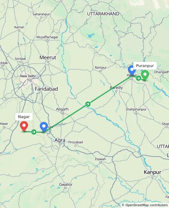 Route map showing distance and travel time from Puranpur, India to Nagar, India