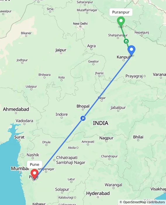 Route map showing distance and travel time from Puranpur, India to Pune, India