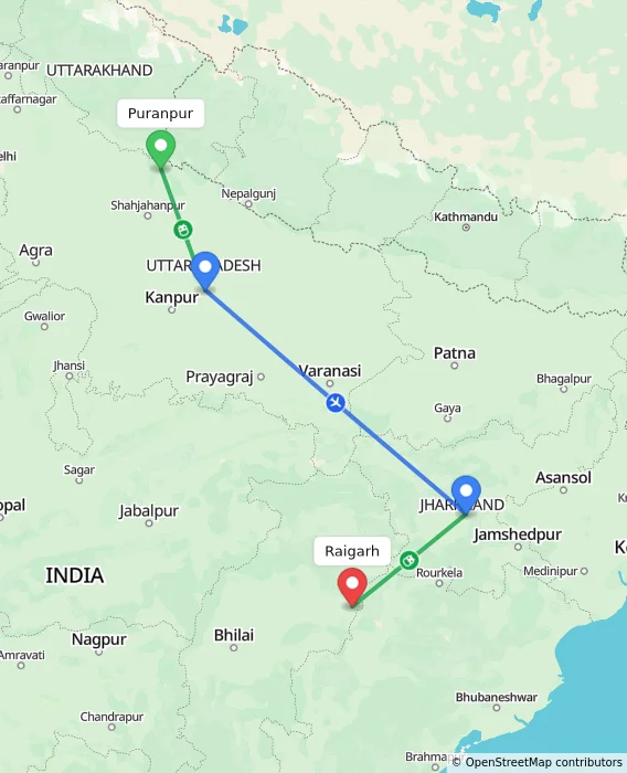Route map showing distance and travel time from Puranpur, India to Raigarh, India