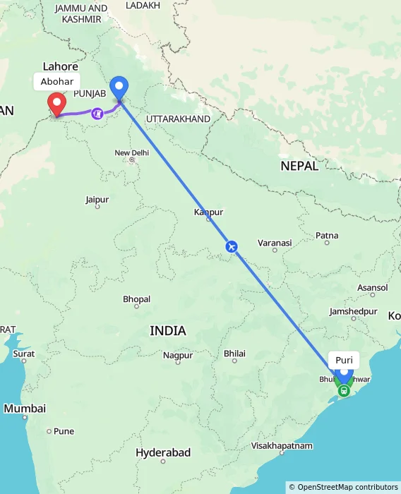 Route map showing distance and travel time from Puri, India to Abohar, India